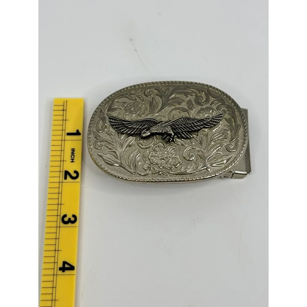 Vintage Silver Tone Eagle Floral Embossed Oval Western Belt Buckle Cowgirl Rodeo